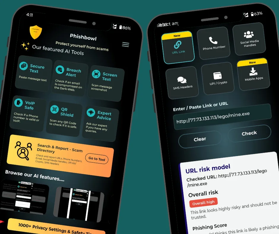 Phishbowl home screen and URL scanner