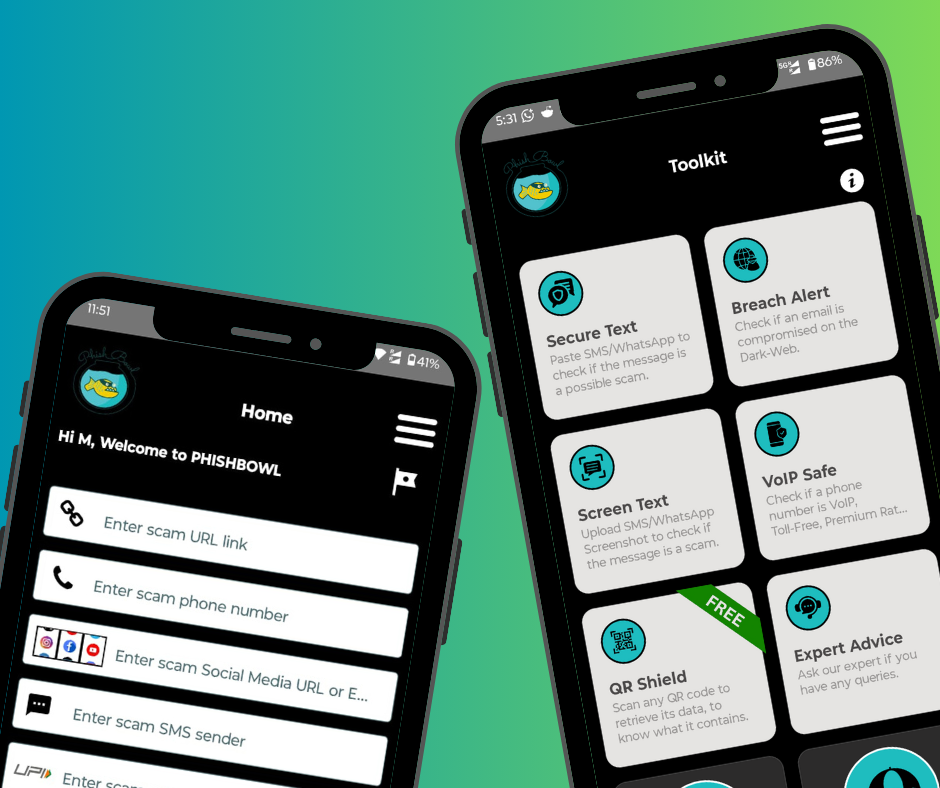 Screenshot of Phishbowl AI-powered scam protection app interface